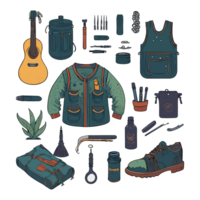 wandelen en camping uitrusting set. hand- getrokken ai generatief illustratie in schetsen stijl. png