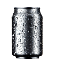 Aluminum soda can with water drops isolated on transparent background with empty space around it AI Generated png