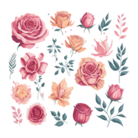 conjunto de mano dibujado rosas y hojas ai generativo ilustración en dibujos animados estilo. png