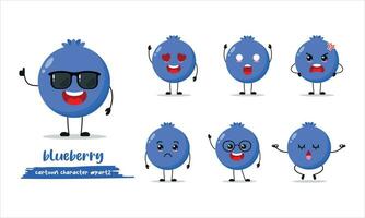 cute blueberry cartoon with many expressions. fruit different activity pose vector illustration flat design set with sunglasses.