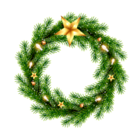 Christmas wreath decoration with Christmas ball and pine branch and Christmas star png