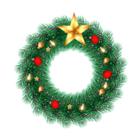 Christmas wreath decoration with Christmas ball and pine branch and Christmas star png