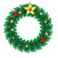 Christmas wreath decoration with Christmas ball and pine branch and Christmas star png