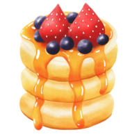 vattenfärg och målning för fluffig jordgubbar och blåbär bakad kärnmjölk pannkaka. digital målning efterrätt illustration mat. png