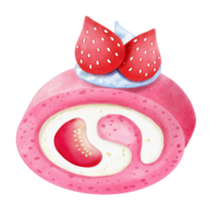 Watercolor and painting for strawberry cake cream roll. Digital painting dessert illustration Food. png