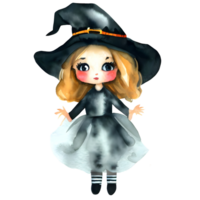 acuarela y pintura Víspera de Todos los Santos bruja niña muñeca con negro sombrero elemento ilustración png