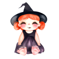Watercolor and painting halloween witch girl  doll with black hat element illustration png