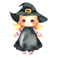 Watercolor and painting halloween witch girl  doll with black hat element illustration png