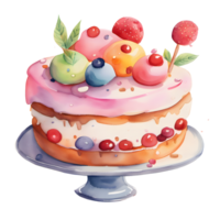 Watercolor fresh sweet colorful fruits cakes. Cherry, strawberry and orange topping cream. Homemade bakery with dessert and food illustration png