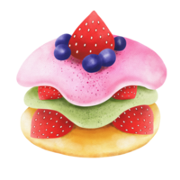 Watercolor and painting for Souffle strawberry blueberries and Matcha green tea pancake. Digital painting dessert illustration Food. png