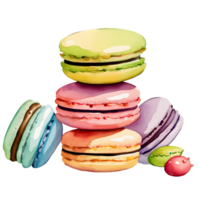 Watercolor fresh sweet colorful Macarons cream. Homemade bakery with dessert and food illustration png