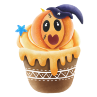 Watercolor and painting for cute Pumpkin ghost Halloween ice cream cupcake. Digital painting dessert illustration holiday concept. png