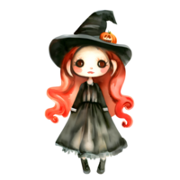 Watercolor and painting halloween witch girl  doll with black hat element illustration png