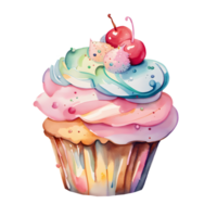 Watercolor fresh sweet colorful rainbow cupcakes and strawberry, berry topping cream. Homemade bakery with dessert and food illustration png