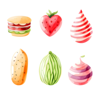 Watercolor Hamburger, vegetables onion and fruits strawberry. Food illustration png