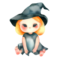 Watercolor and painting halloween witch girl  doll with black hat element illustration png