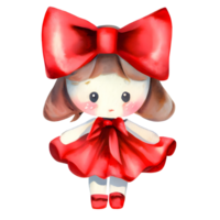 Watercolor and painting baby cute doll with red bow. Png file