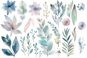 Watercolor set of different colors and leaves in pastel colors on a transparent background. AI generated illustration. png