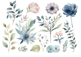 Watercolor set of different colors and leaves in pastel colors on a transparent background. AI generated illustration. png