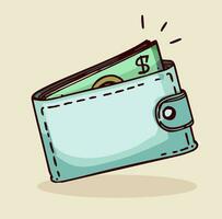 Cute cartoon style drawing of wallet with money vector