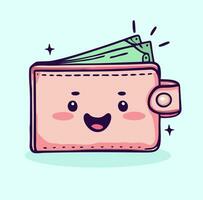 Cute cartoon style drawing of wallet with money vector