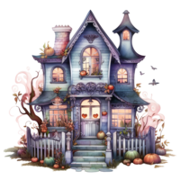 AI Generative Watercolor haunted house Halloween on transparent background png