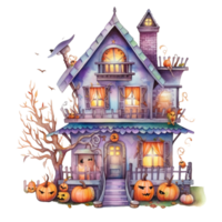 AI Generative Watercolor haunted house Halloween on transparent background png