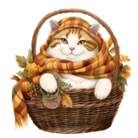 AI Generative Cute chubby cat wear scarf in autumn theme in basket watercolor illustration png