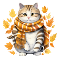 ai generativo carino paffuto gatto indossare sciarpa nel autunno tema nel cestino acquerello illustrazione png