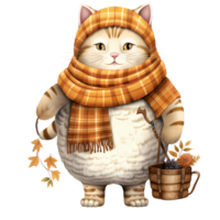 ai generativ söt knubbig katt ha på sig scarf i höst tema i korg vattenfärg illustration png