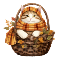 ai generativ süß mollig Katze tragen Schal im Herbst Thema im Korb Aquarell Illustration png
