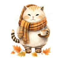 AI Generative Cute chubby cat wear scarf in autumn theme in basket watercolor illustration png