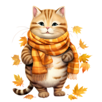 ai generativ söt knubbig katt ha på sig scarf i höst tema i korg vattenfärg illustration png