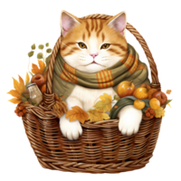 AI Generative Cute chubby cat wear scarf in autumn theme in basket watercolor illustration png