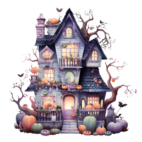 AI Generative Watercolor haunted house Halloween on transparent background png