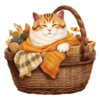 AI Generative Cute chubby cat wear scarf in autumn theme in basket watercolor illustration png