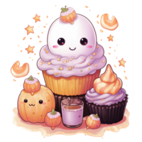 AI Generative cute watercolor halloween pumpkin with cupcake, illustration vector png