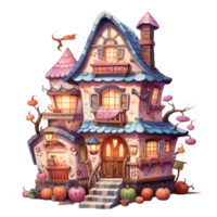 AI Generative Watercolor haunted house Halloween on transparent background png