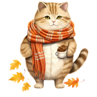 AI Generative Cute chubby cat wear scarf in autumn theme in basket watercolor illustration png