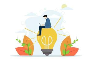 businessman solution concept, creative idea to solve work problem, success find new innovation, smart businessman working with laptop computer on bright light bulb idea. flat vector illustration.