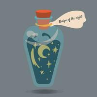 A bottle with a night inside. Vector illustration of bottle with stars and moon. Recipe of the night