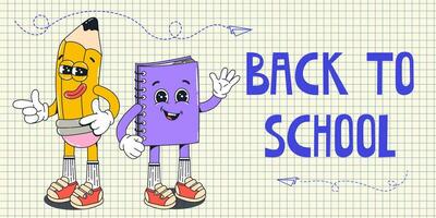 Banner with school supplies groovy characters in gloves with quotes Back to school in flat retro classic cartoon style of 60s 70s. Copybook and pencil vector