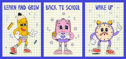 conjunto 3 carteles con colegio suministros maravilloso caracteres en guantes con citas en plano retro clásico dibujos animados estilo de 60s años 70 lápiz, paquete de bolsas, reloj. espalda a escuela. vector
