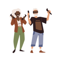 Seniors in 3D glasses playing computer games, flat illustration isolated. png