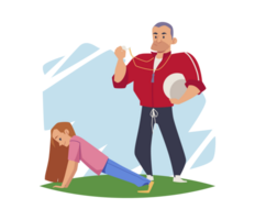 colegio niña haciendo Deportes debajo Guia de entrenador, vector ilustración aislado. png