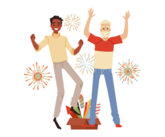 Happy young and old men rejoice at fireworks flat png