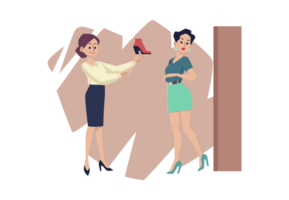 Woman in shoe store trying on heels with help of assistant - flat illustration isolated . png