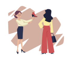 Female shopping assistant shows ankle boots to customer - flat illustration isolated . png