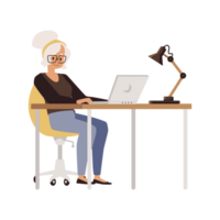 Elderly woman typing on laptop computer, flat illustration isolated. png