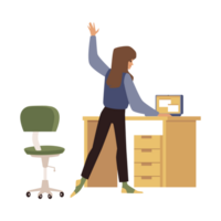 mujer trabajos en pie arriba y estiramientos su cuerpo en frente de el ordenador portátil - plano ilustración aislado . png
